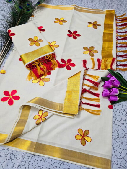Kerala Cotton Gold Flower Design Saree